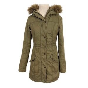 Hollister Women's Olive Green Faux Fur Hood Cotton Parka Jacket Size S Y2K